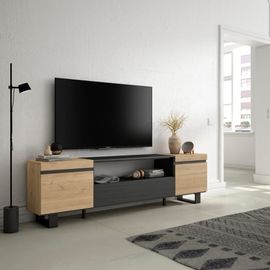 Meuble Tv Effet Bois De Chêne Et Noir 200x35x57cm Avec Pieds