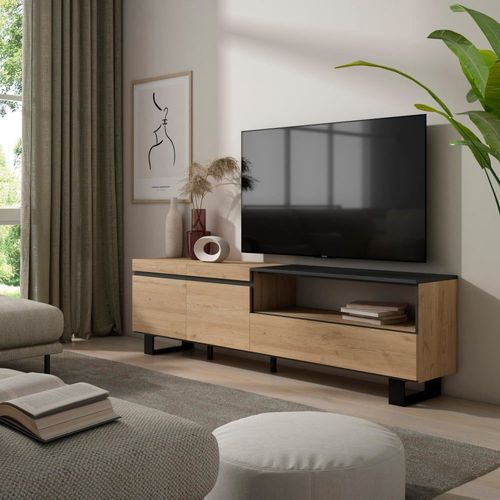 Meuble Tv Effet Bois De Chêne Et Noir 200x35x57cm Avec Pieds