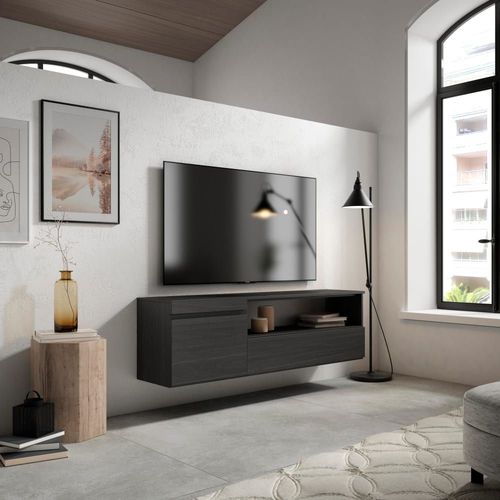 Meuble Tv Effet Bois Noir 150x35x45cm Suspendu