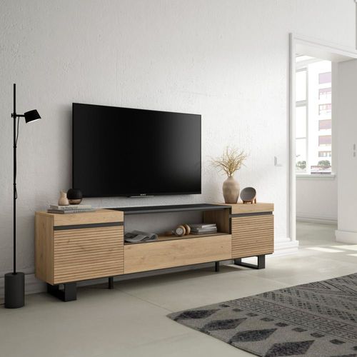 Meuble Tv Effet Bois De Chêne 200x35x57cm Avec Pieds
