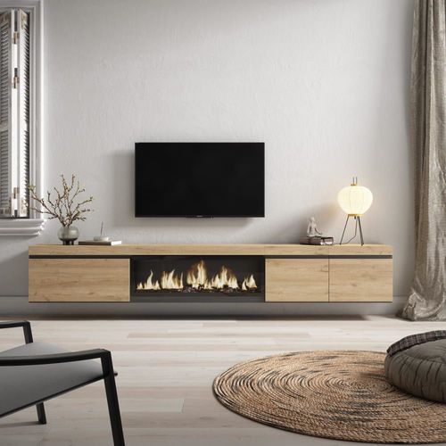 Meuble Tv Effet Bois De Chêne 288x35x45cm Cheminée Effet Feu Xxl