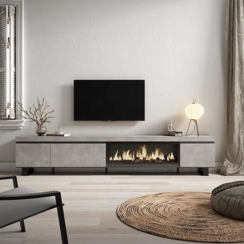 Meuble Tv Effet Bois Ciment 288x35x57cm Cheminée Effet Feu Xxl