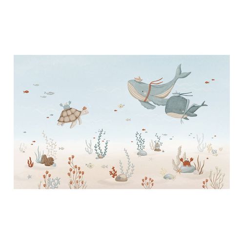 Papier peint panoramique baleines en mer, bleu, 4m x 2,48 m