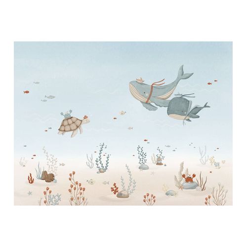 Papier peint panoramique baleines en mer, bleu, 4m x 3 m