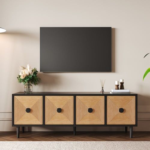 Meuble Tv Moderne Effet Bois Bambou Noir 150x38x55 Cm