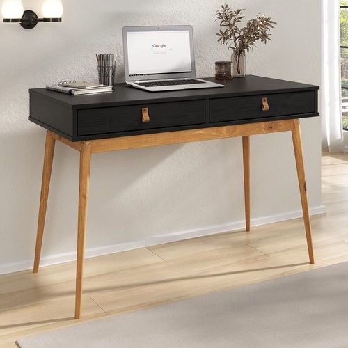 Bureau Pieds Coniques En Bois Massif, Noir/Chêne