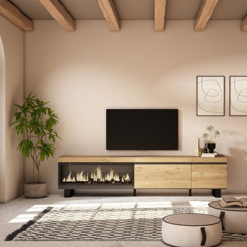 Meuble Tv Effet Bois De Chêne 237x35x57cm Cheminée Effet Feu Xxl