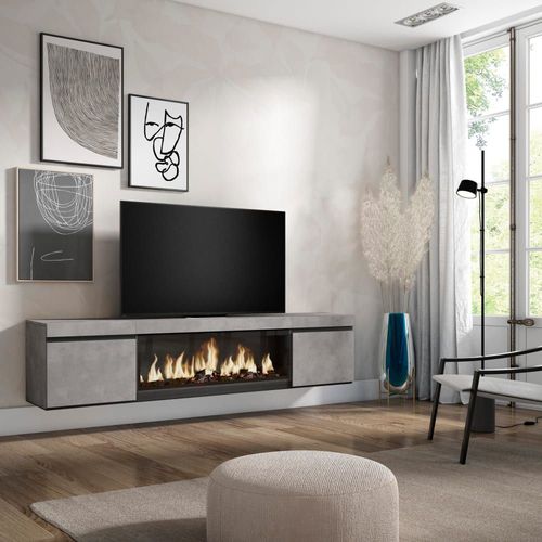 Meuble Tv Effet Bois Ciment 208x35x45cm Cheminée Effet Feu Xxl