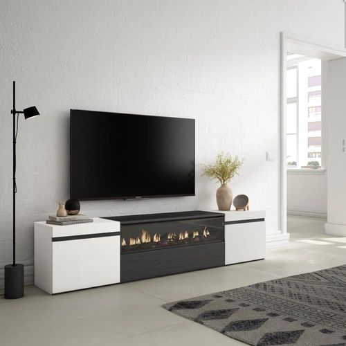 Meuble Tv Effet Bois Blanc Et Noir 200x35x45cm Cheminée Effet Feu