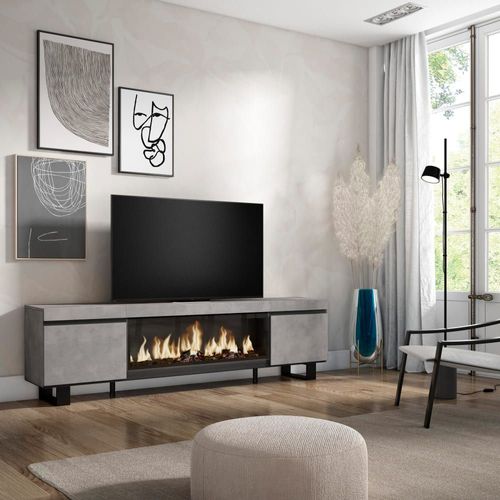 Meuble Tv Effet Bois Ciment 208x35x57cm Cheminée Effet Feu Xxl