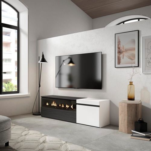 Meuble Tv Effet Bois Blanc Et Noir 150x35x45cm Cheminée Effet Feu