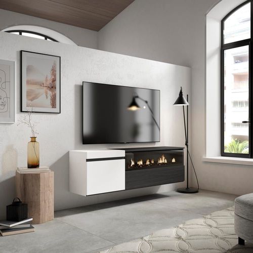 Meuble Tv Effet Bois Blanc Et Noir 150x35x45cm Cheminée Effet Feu