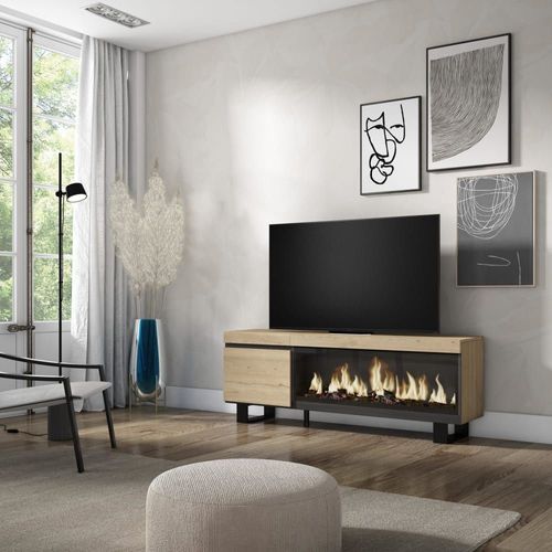 Meuble Tv Effet Bois De Chêne 158x35x57cm Cheminée Effet Feu Xxl