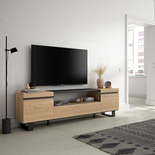 Meuble Tv Effet Bois De Chêne Et Noir 200x35x57cm Avec Pieds