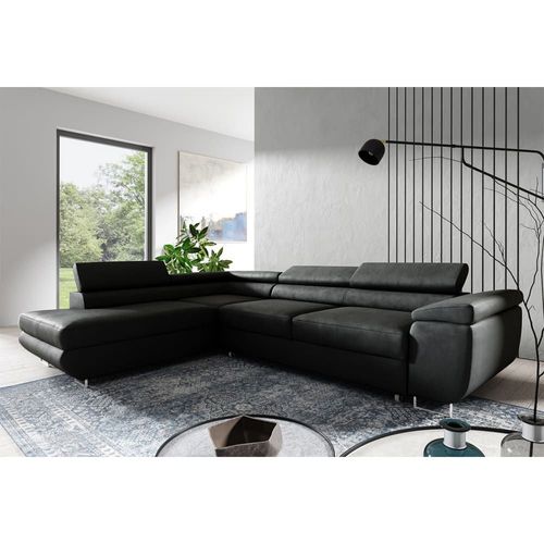 Canapé D'angle Convertible Gauche 4 Places Tissu Noir