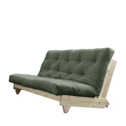 Canapé Convertible En Bois Naturel Et Tissu Vert Olive 2 Places