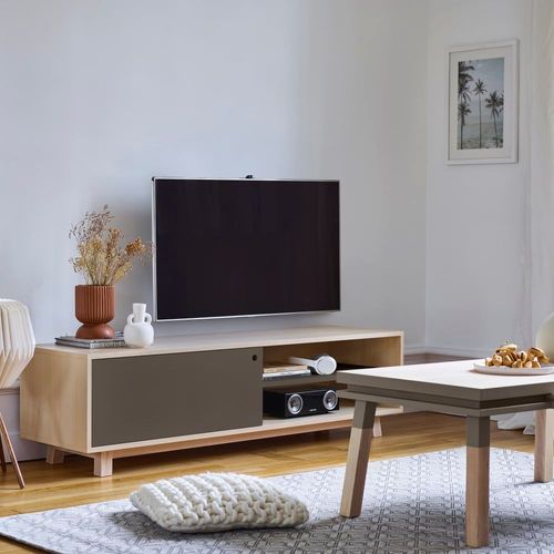 Meuble Tv 1 Porte Coulissante 100 Cm, En Frêne