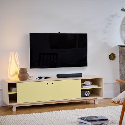 Meuble Tv 2 Portes Coulissantes 120 Cm, En Frêne