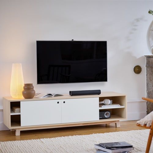 Meuble Tv 2 Portes Coulissantes 120 Cm, En Frêne