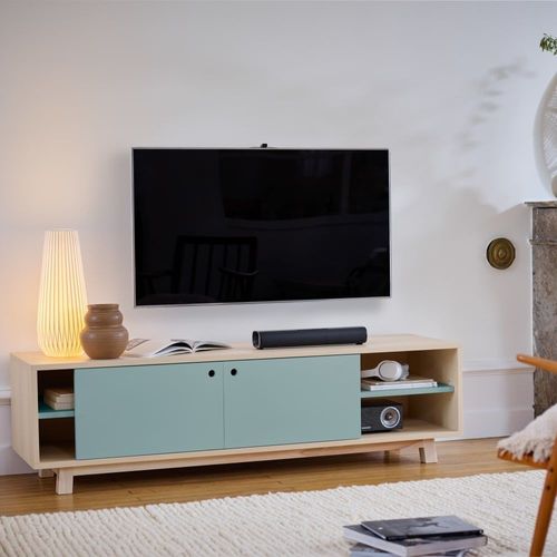 Meuble Tv 2 Portes Coulissantes 120 Cm, En Frêne