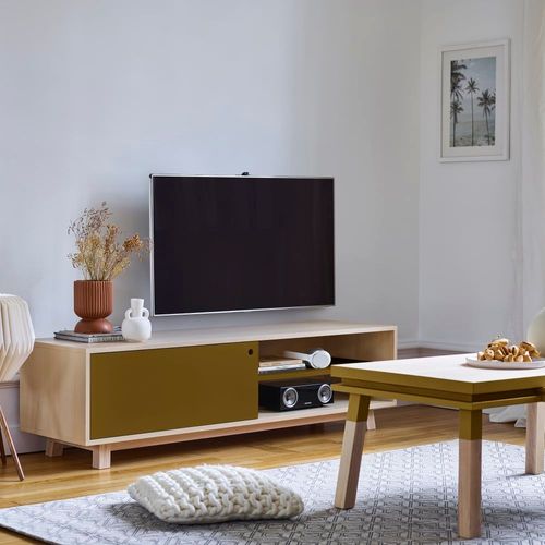 Meuble Tv 1 Porte Coulissante 140 Cm, En Frêne