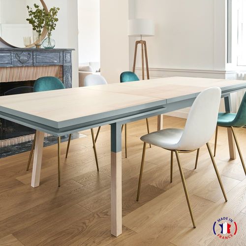 Table 200x100 Cm En Frêne Massif, 2 Rallonges Bleu Gris Lehon