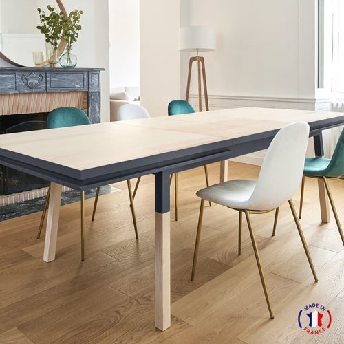 Table 160x100 Cm En Frêne Massif, 2 Rallonges Bleu Sombre De Rance