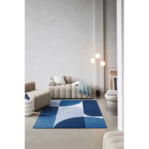 Tapis Fait Main Motif Coloré Bleu Inspiration 70's 200x290