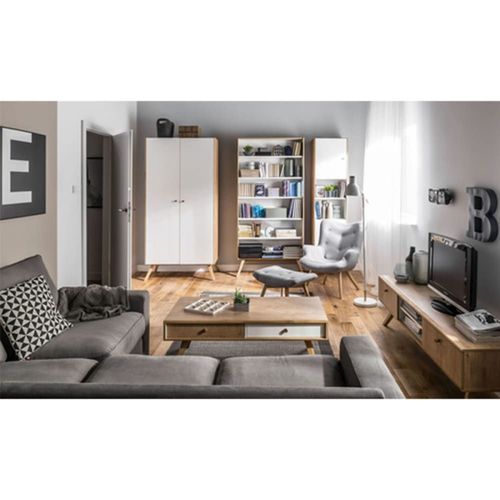 Meuble Tv 2 Tiroirs Avec Niches Centrale - Décor Chêne Et Blanc