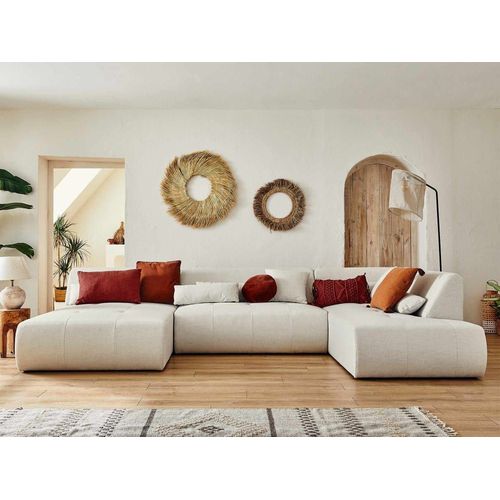 Canapé Panoramique 7 Places Angle Droit En Tissu Beige