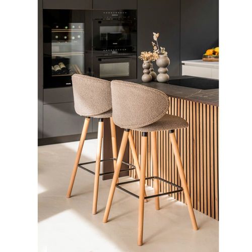 Chaise De Bar Tissu Effet Laine Bouclette Taupe Pieds Chêne Tiago