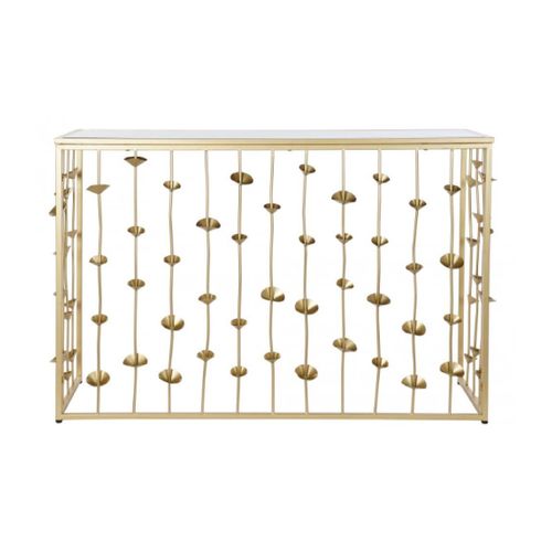 Console En Métal Doré Et Plateau Miroir Fleurs 126x43x81cm
