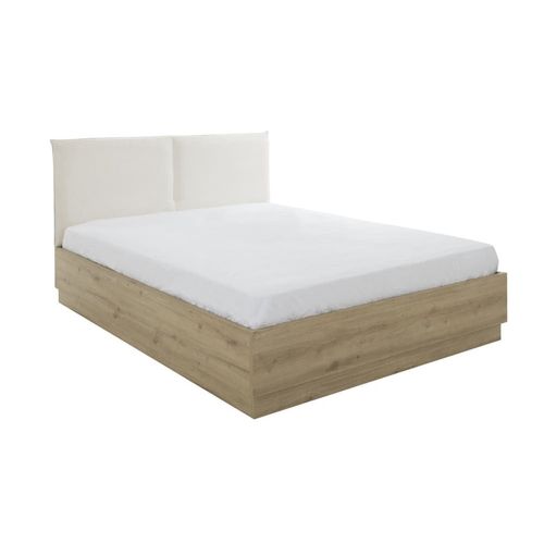 Lit Coffre Effet Bois Avec Tête De Lit En Tissu 140 X 190 Cm