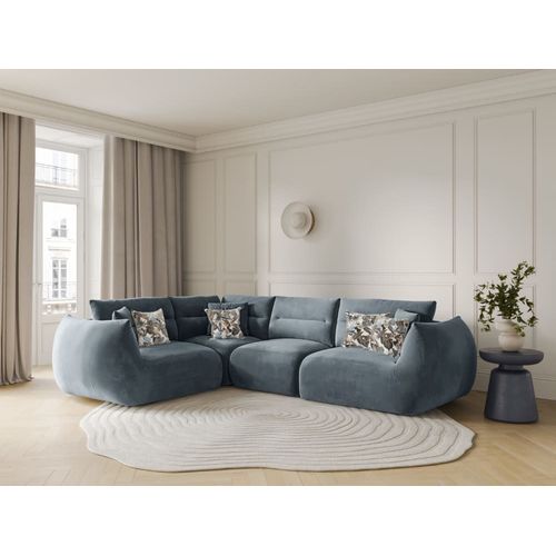 Canapé D'angle Gauche 5 Places En Velours Bleu Gris