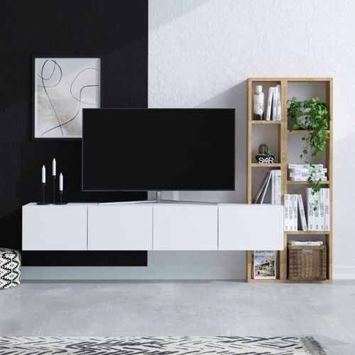 Meuble Tv Suspendu 4 Portes Blanc Et Étagère Chêne L182 Cm