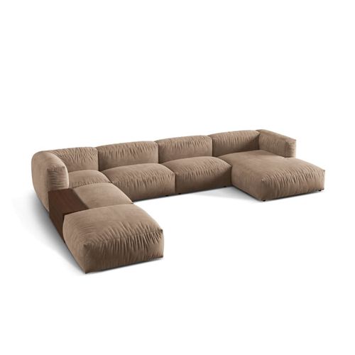 Canapé D'angle Panoramique Modulable 5 Places Velours Beige Foncé