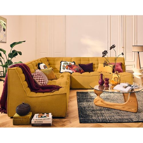 Canapé Modulable 5 Places Angle Réversible En Velours Texturé Jaune