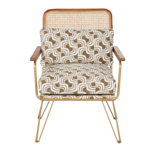 Fauteuil Motif Jacquard Beige Et Kaki, Cannage En Rotin Et Pieds En Acier Doré