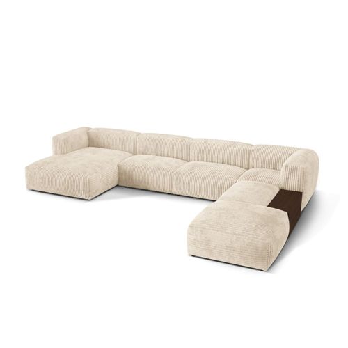 Canapé D'angle Forme-U Modulable 5 Places Velours Côtelé Beige Clair