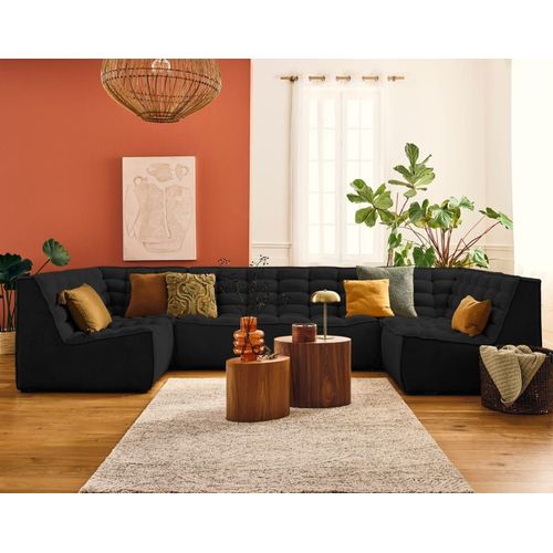 Canapé Modulable 7 Places En U En Velours Texturé Noir
