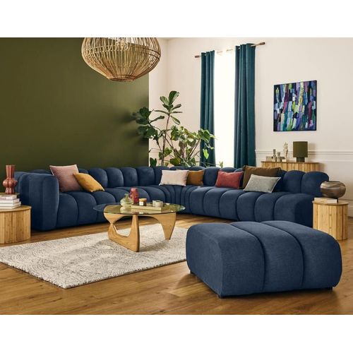 Canapé Modulable 5 Places Angle Droit En Tissu Texturé Bleu