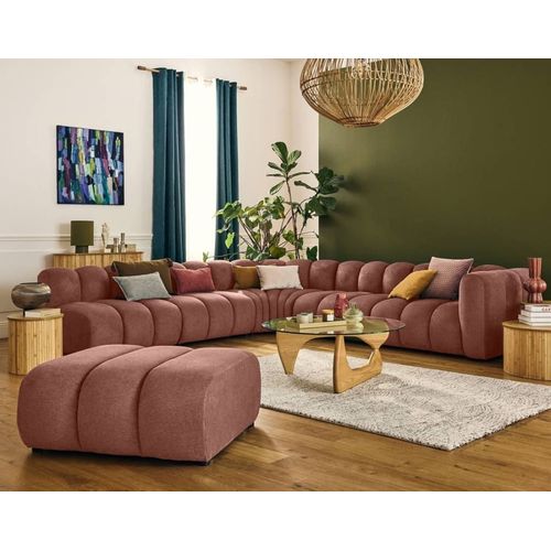 Canapé Modulable 5 Places Angle Gauche En Tissu Texturé Rose