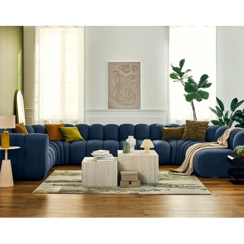 Canapé Modulable 7 Places Angle Droit En Tissu Texturé Bleu