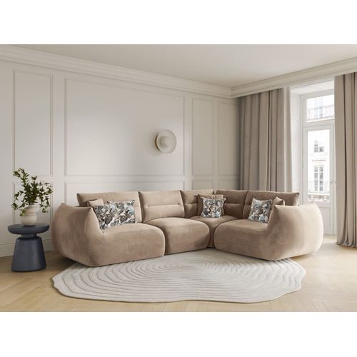 Canapé D'angle Droit 5 Places En Velours Amande Beige