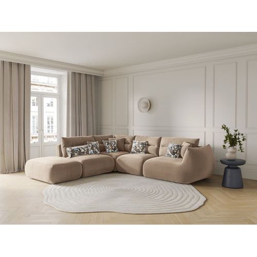 Canapé D'angle Gauche 7 Places En Velours Amande Beige