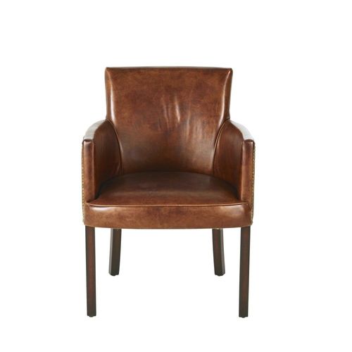 Chaise Avec Accoudoirs En Cuir De Vachette Marron Vieilli
