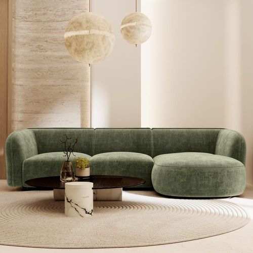 Canapé D'angle Droit 5 Places En Velours Gaufré Vert Vintage