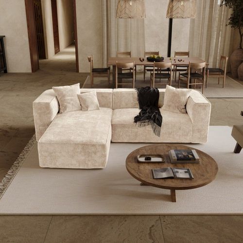 Canapé D'angle Gauche 5 Places En Velours À Motifs Beige