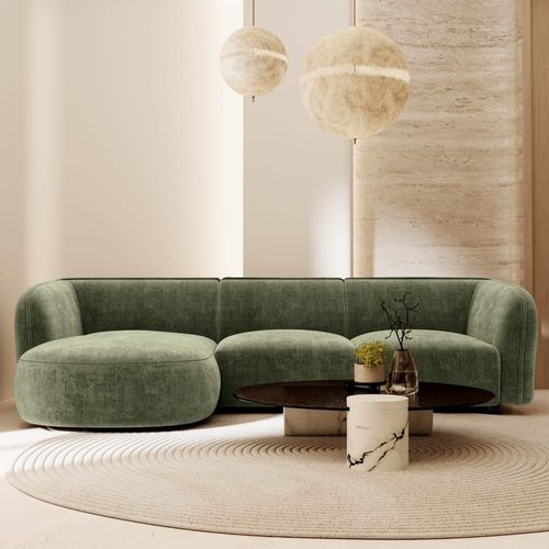 Canapé D'angle Gauche 5 Places En Velours Gaufré Vert Vintage