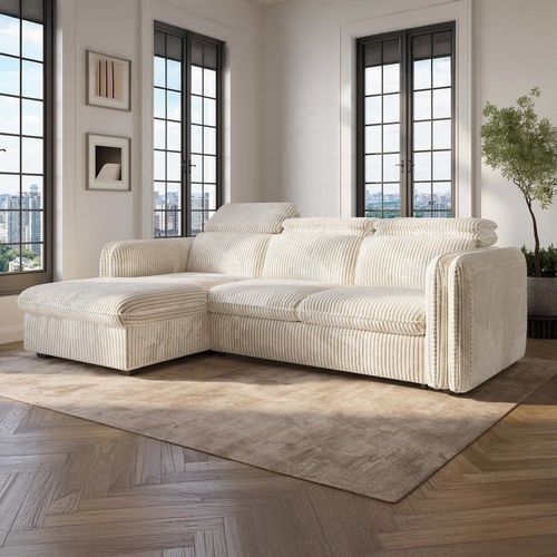 Canapé D'angle Convertible 4 Places En Velours Beige